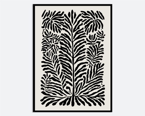 Black Abstract Style Leaves Illustration Wall Art Print Minimalist Monochromatic Floral Poster Botanical Greenery Boho Fm136