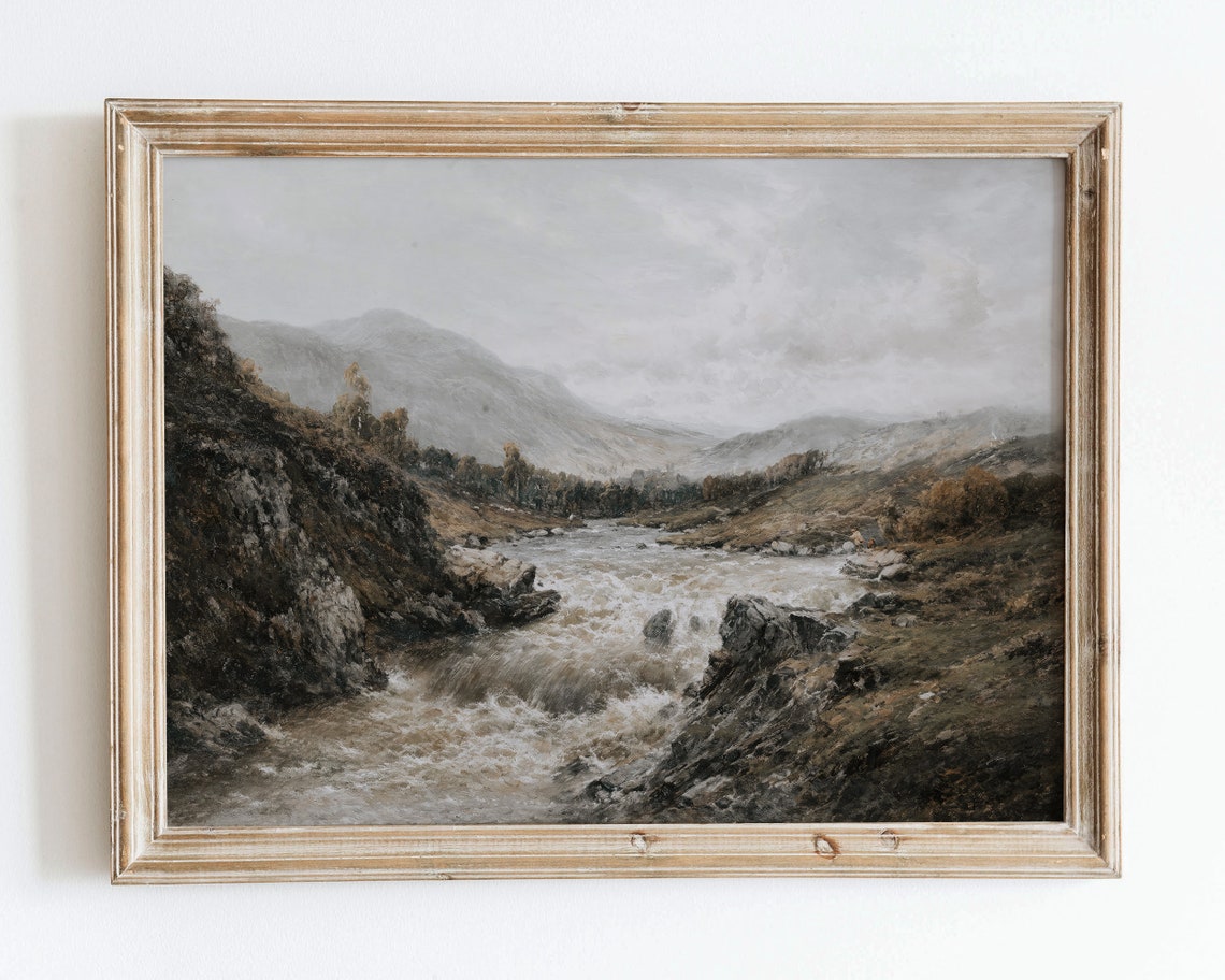 Rustic Vintage European Country Waterfall Oil Painting Wall Art Print Neutral Autumn Lake Landscape Poster Antique Moody Farmhouse Vp72