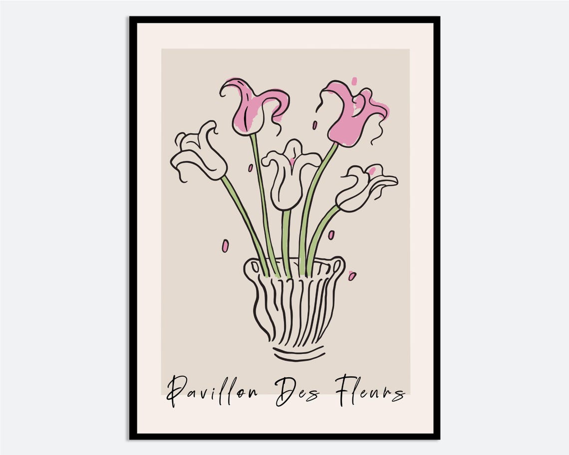 Pink Tulips in Vase Line Drawing Pavillon Des Fleurs Modern Poster