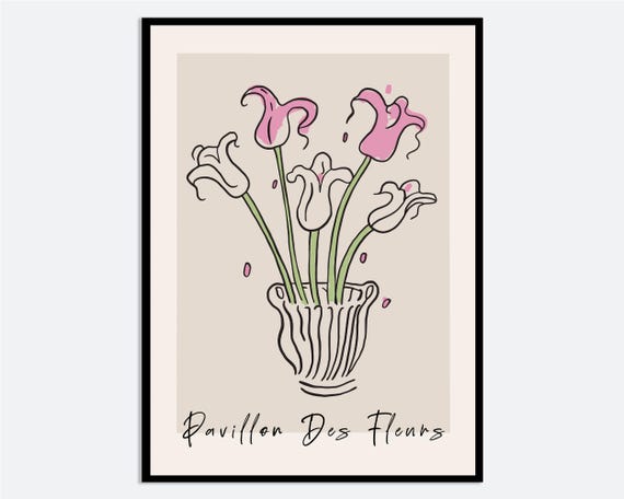 Pink Tulip In Vase Line Drawing Wall Art Print Hand Drawn Spring Summer Floral Illustration Contemporary Modern Poster Ma69