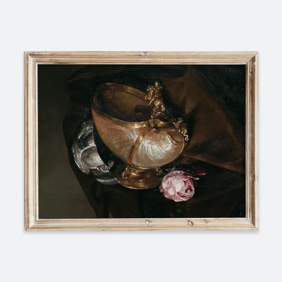 European Vintage Farmhouse Kitchen Nautilus Goblet Still Life Wall Art Print Rustic Dark Moody Painting Antique Neutral Muted Poster Vp158