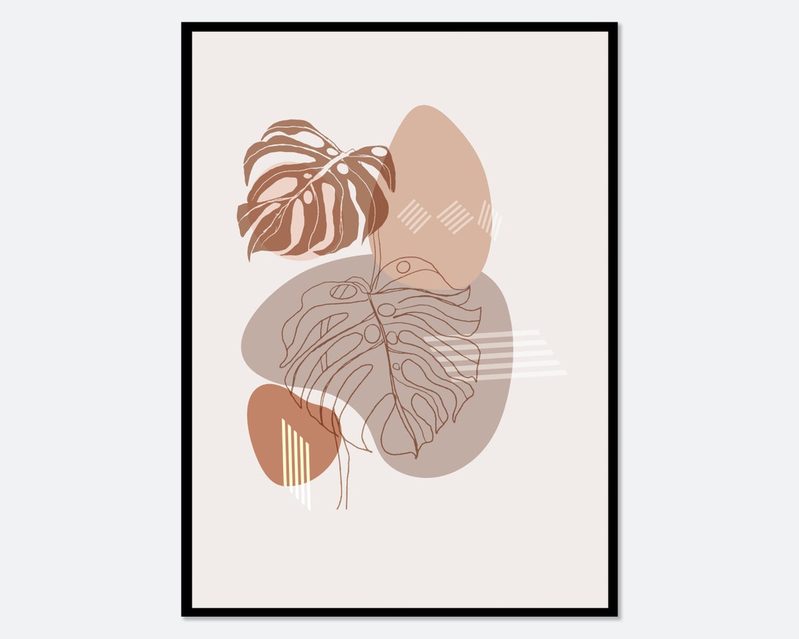 Abstract Monstera Leaves Boho Line Art Terracotta Botanical Poster