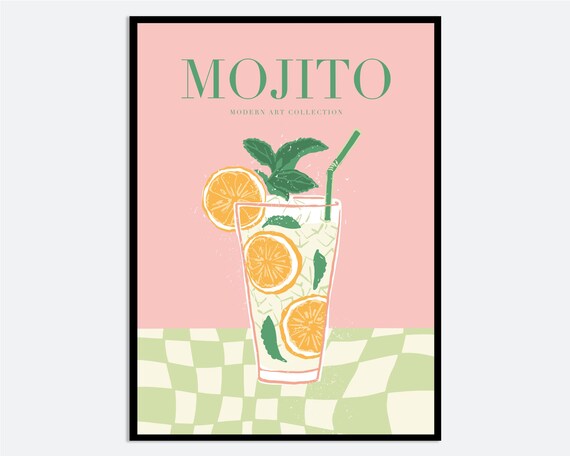 Mojito Cocktail Illustration Pink Green Checkered Vintage Bar Art Poster