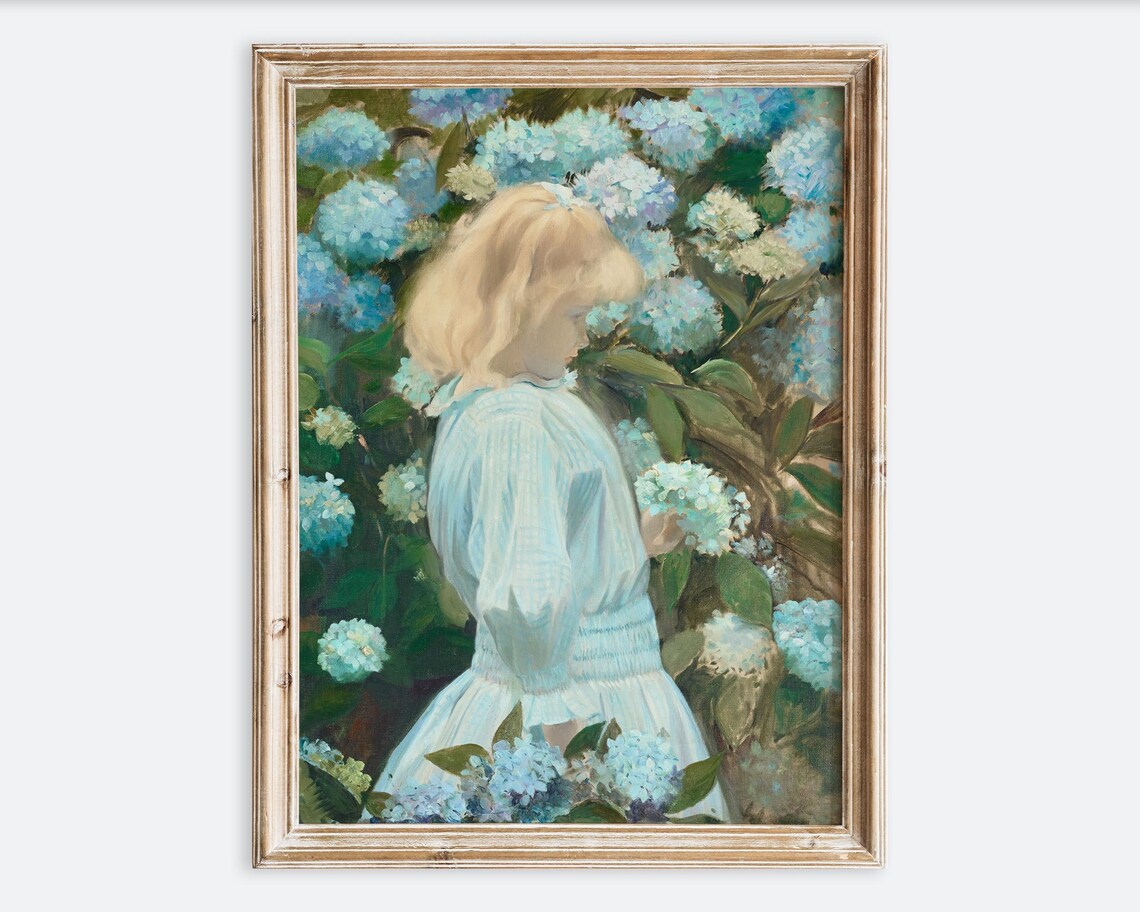 Vintage Girl with Blue Hydrangeas Antique Garden Painting Poster