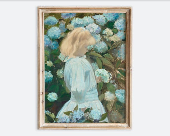 Vintage Girl With Flowers Garden Wall Art Print Antique Hydrangea Portrait Poster French Botanical Painting Farmhouse Floral Decor Vp321