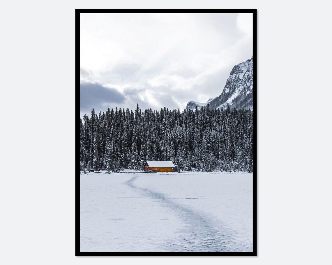 Christmas Print Winter Cabin Cottage By Lake Art Print Snow Covered Forest Winter Photography Christmas Wall Art Farmhouse Print Ws02