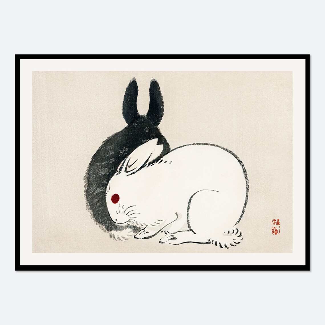 Kono Bairei Sleeping Black and White Rabbits Vintage Japanese Woodblock Poster