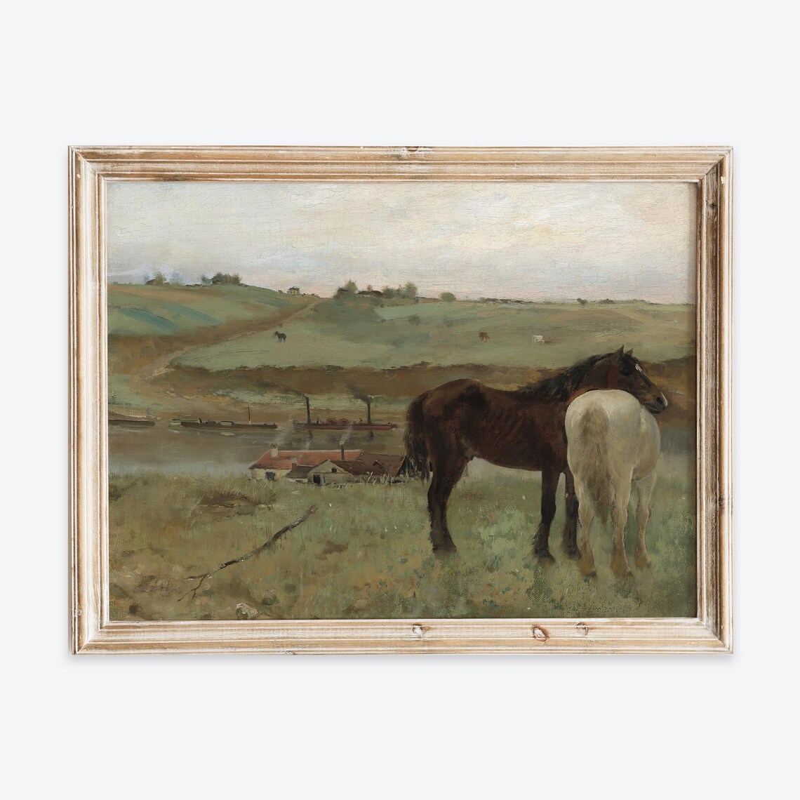Vintage Horses in Countryside River Landscape Oil Painting Poster