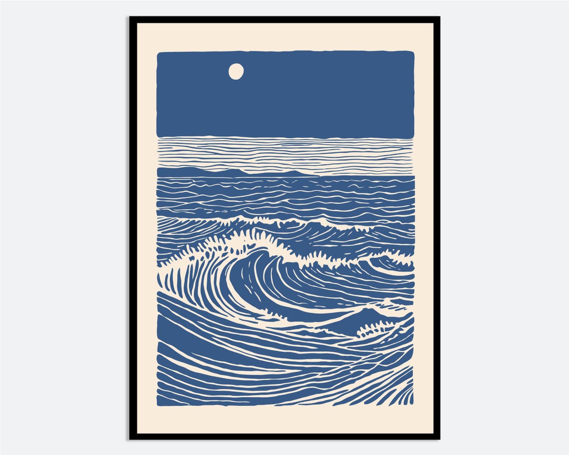Moonlit Blue Ocean Waves Linocut Style Coastal Surf Art Poster