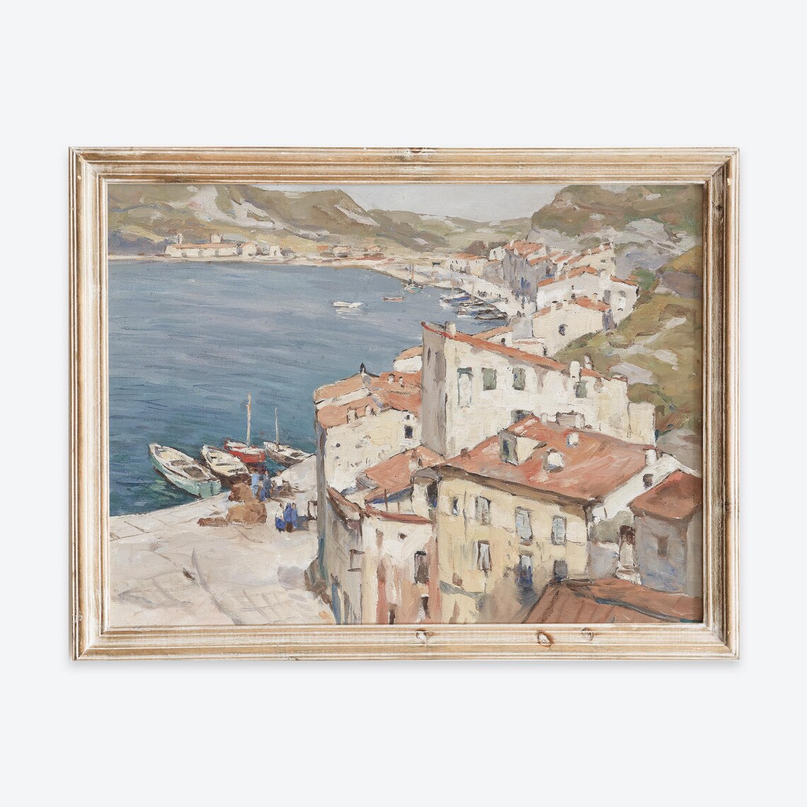 Mediterranean Coastal Town Harbor Vintage Oil Painting Print