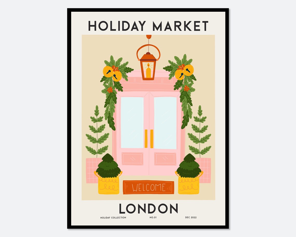 Holiday Market London Pink Door Garland Christmas Welcome Poster