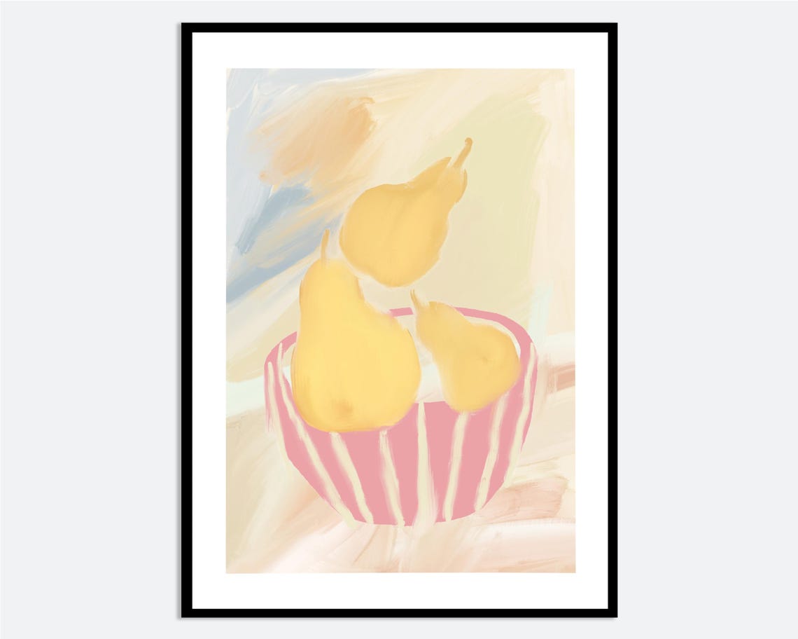 Striped Pink Bowl with Yellow Pears Modern Still Life Poster