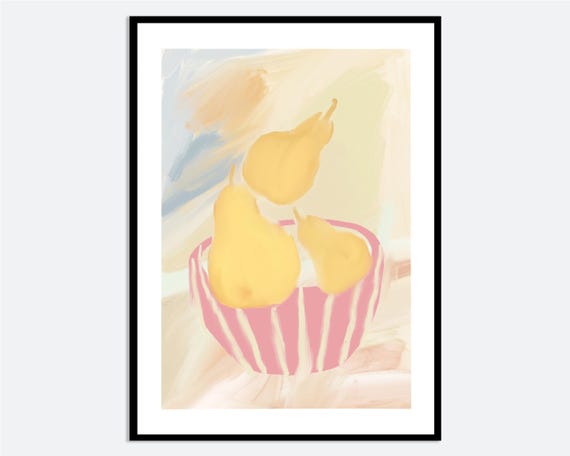 Striped Bowl With Pears Wall Art Print Hand Drawn Fruit Illustration Contemporary Modern Kitchen Still Life Spring Summer Poster Ma119