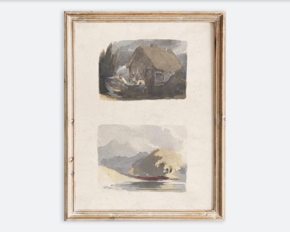 European Vintage Mountains River Cottage Landscape Wall Art Print Rustic Watercolor Painting Antique Farmhouse Muted Pastel Poster Vp372
