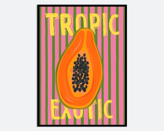 Papaya Tropical Fruit Wall Art Print Hand Drawn Exotic Food Poster Bold Colorful Kitchen Decor Modern Graphic Summer Illustration Ma181