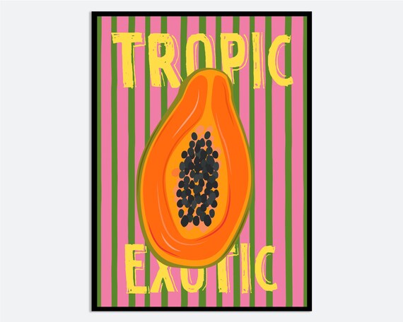Tropic Exotic Papaya Half Striped Pink Green Tropical Fruit Poster
