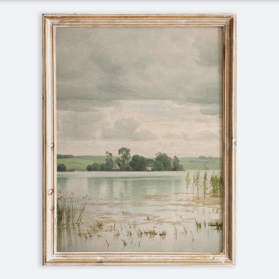 Countryside Lake Reeds Farmhouse Vertical Vintage Rustic Water Art Poster
