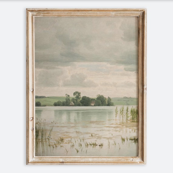 Rustic Vintage European Countryside Lake Landscape Painting Art Print Neutral Spring River Cottage Poster Antique Moody Farmhouse Vp115