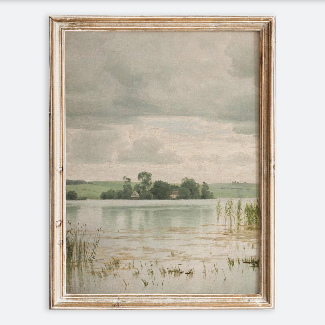 Rustic Vintage European Countryside Lake Landscape Painting Art Print Neutral Spring River Cottage Poster Antique Moody Farmhouse Vp115