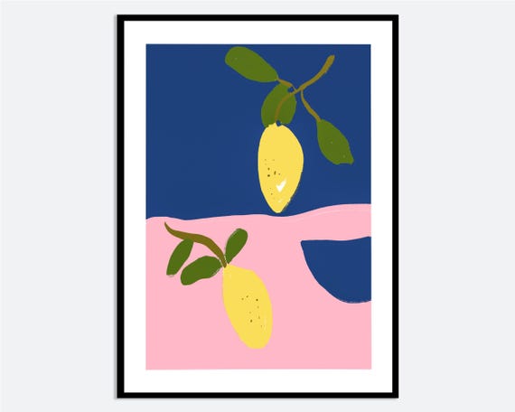 Lemons Wall Art Print Hand Drawn Yellow Fruit With Leaves Pink And Blue Background Contemporary Modern Citrus Poster Ma56