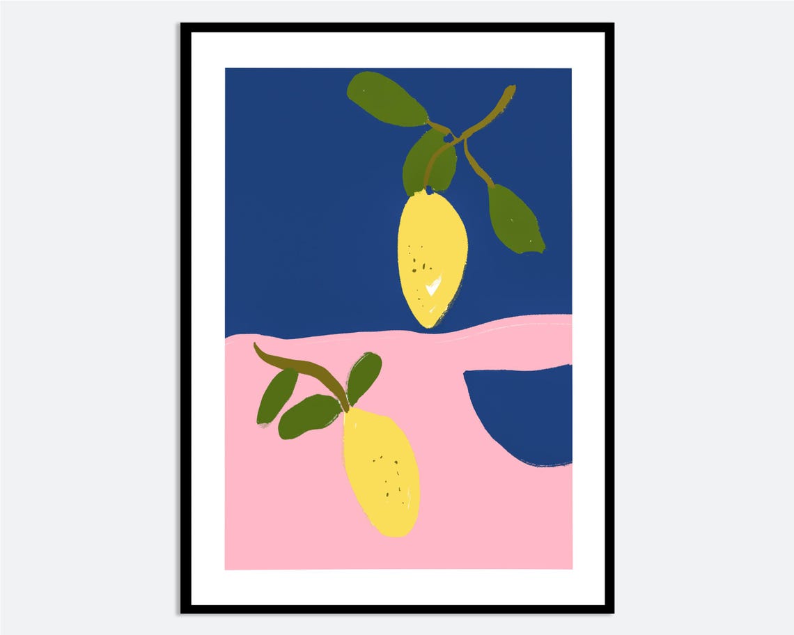 Lemon Branch Modern Illustration Yellow Navy Pink Bold Color Poster