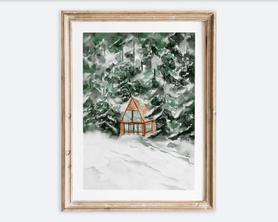 Rustic Vintage Snow Cottage House Winter Landscape Oil Painting Wall Art Print Snowy Cabin Poster Antique Moody Farmhouse Decor Vp194