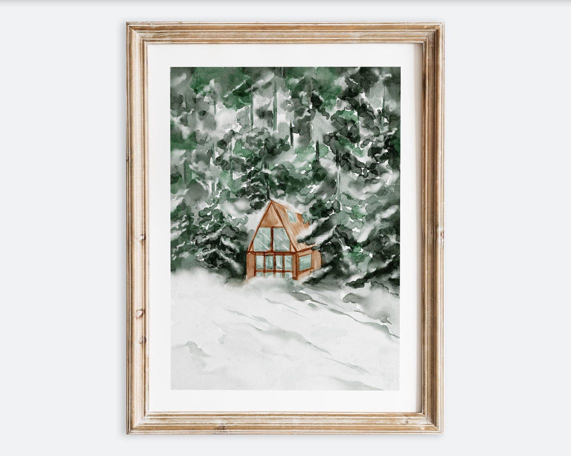 Rustic Vintage Snow Cottage House Winter Landscape Oil Painting Wall Art Print Snowy Cabin Poster Antique Moody Farmhouse Decor Vp194
