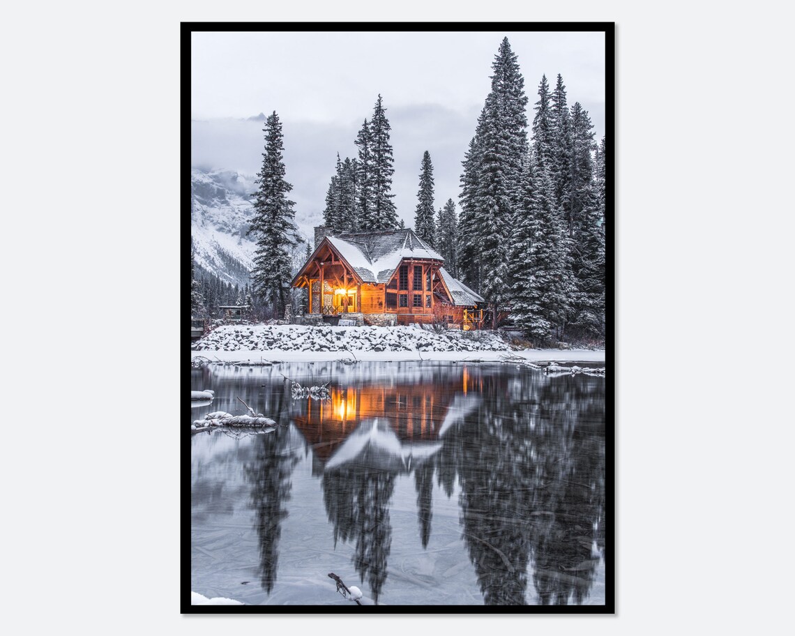 Christmas Winter Cabin by Lake Art Print