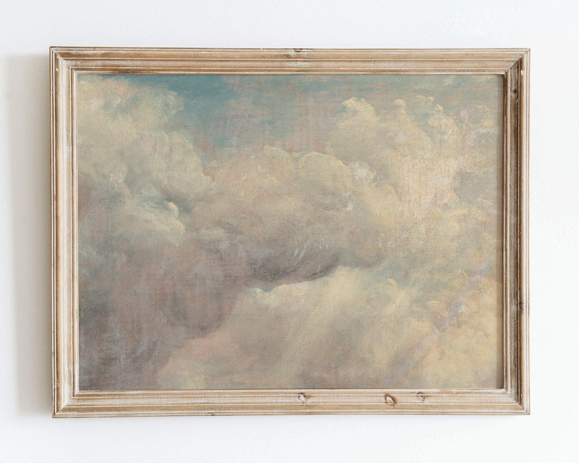 Rustic Vintage European Neutral Cloud Sky Oil Painting Art Print Neutral Muted Landscape Poster Country Style Antique Moody Farmhouse Vp26