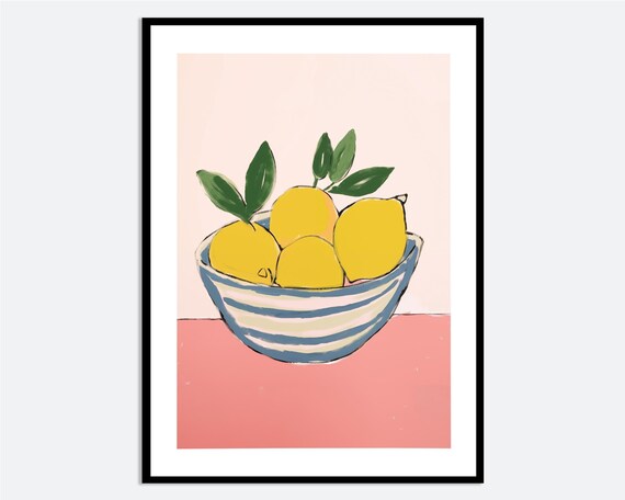 Lemon Bowl Modern Fruit Illustration Pink Background Striped Bowl Wall Art