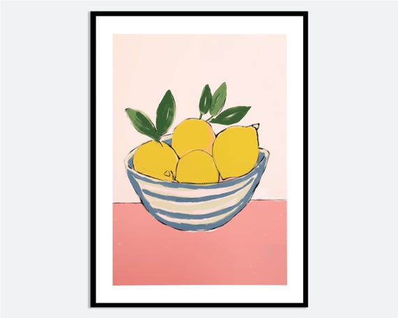 Striped Bowl Lemon Wall Art Print Contemporary Hand Drawn Fruit Illustration Pink Kitchen Citrus Spring Summer Poster Ma44