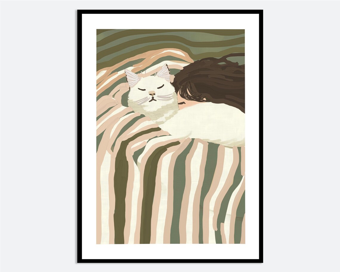 Girl Hugging White Cat Cozy Striped Blanket Cat Lover Art Poster