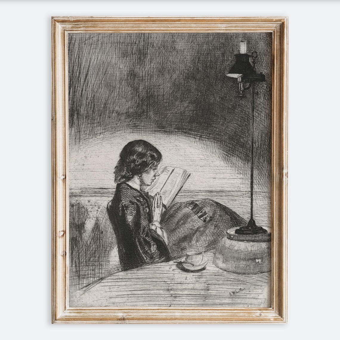 Girl Reading By Lamplight Vintage Etching Interior Book Lover Poster