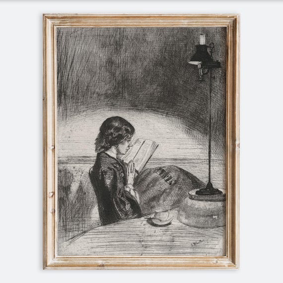 European Vintage Rustic Girl Reading By Lamplight Portrait Wall Art Print Antique Woman Line Art Poster Moody Dark Farmhouse Decor Vp174