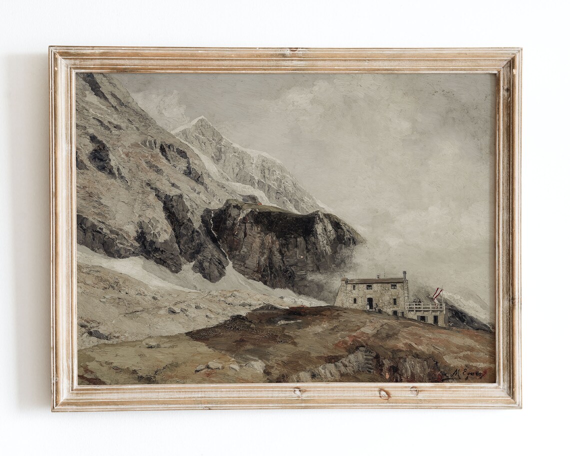 Alpine Mountain Hut Snowy Peaks Vintage Oil Painting Landscape Poster