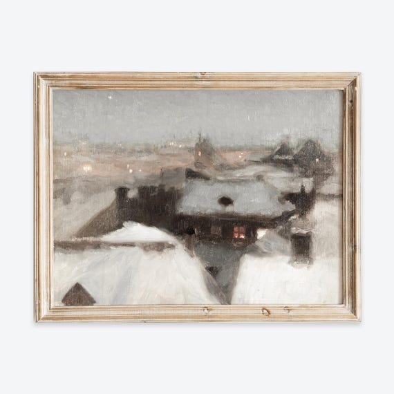 Rustic Vintage Swedish Houses In Winter Evening Snow Painting Wall Art Print Muted Landscape Poster Antique Moody Farmhouse Decor Vp258
