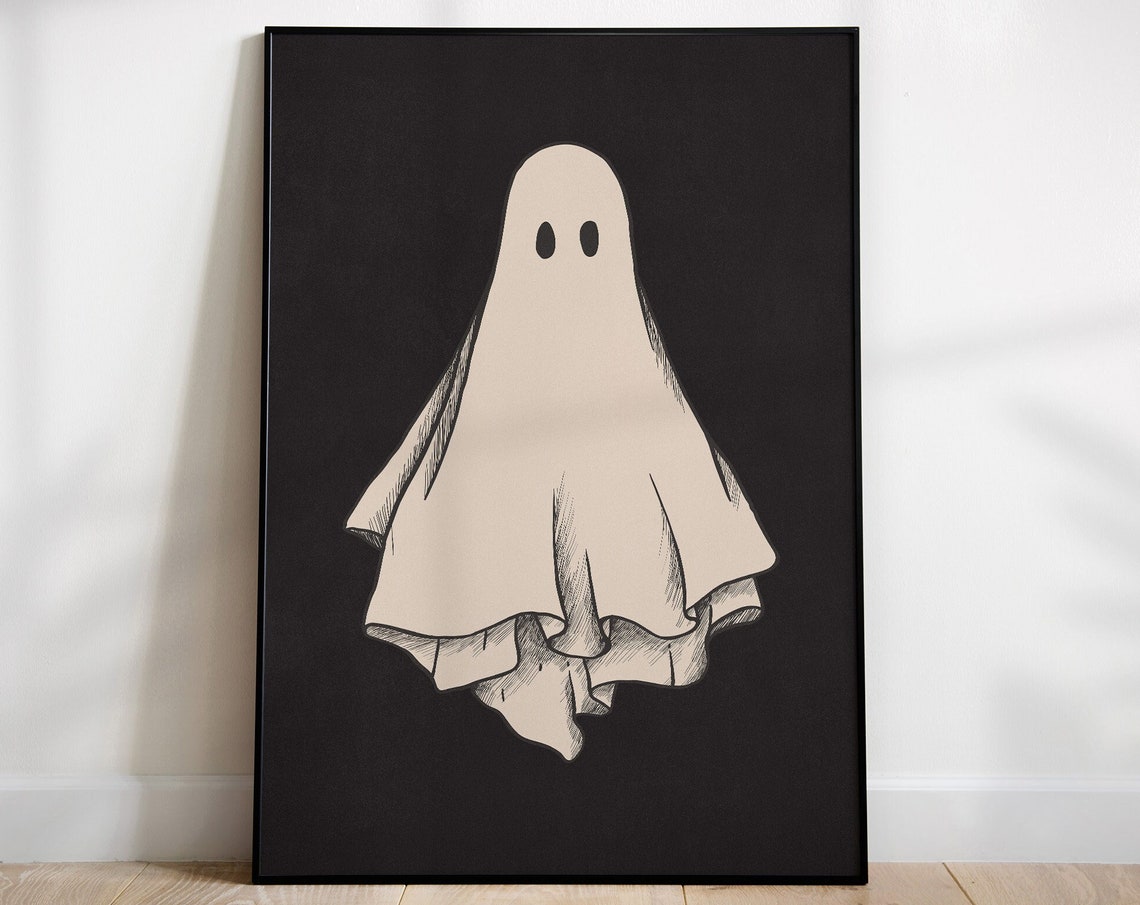 Cute Sheet Ghost on Black Background Halloween Spooky Decor Poster