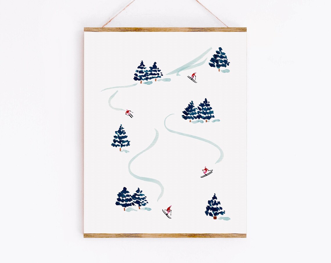 Little Skiers Winter Watercolor Art Print