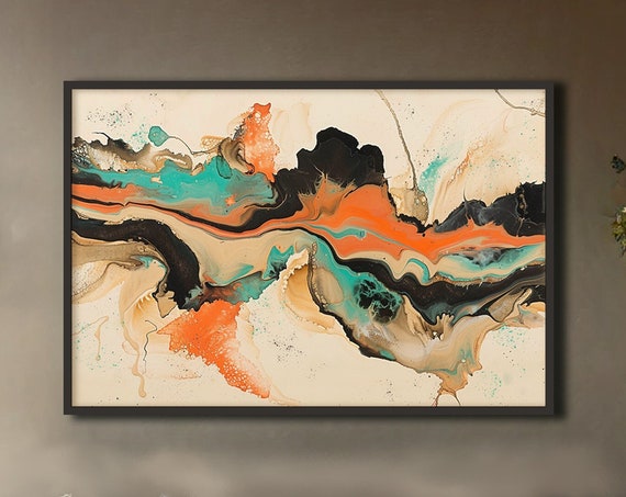 Abstract Wall Art Bold Orange Black Teal And Beige Print Mancave Decor Home Decor Modern Art Focal Point Unframed Art Print For Office