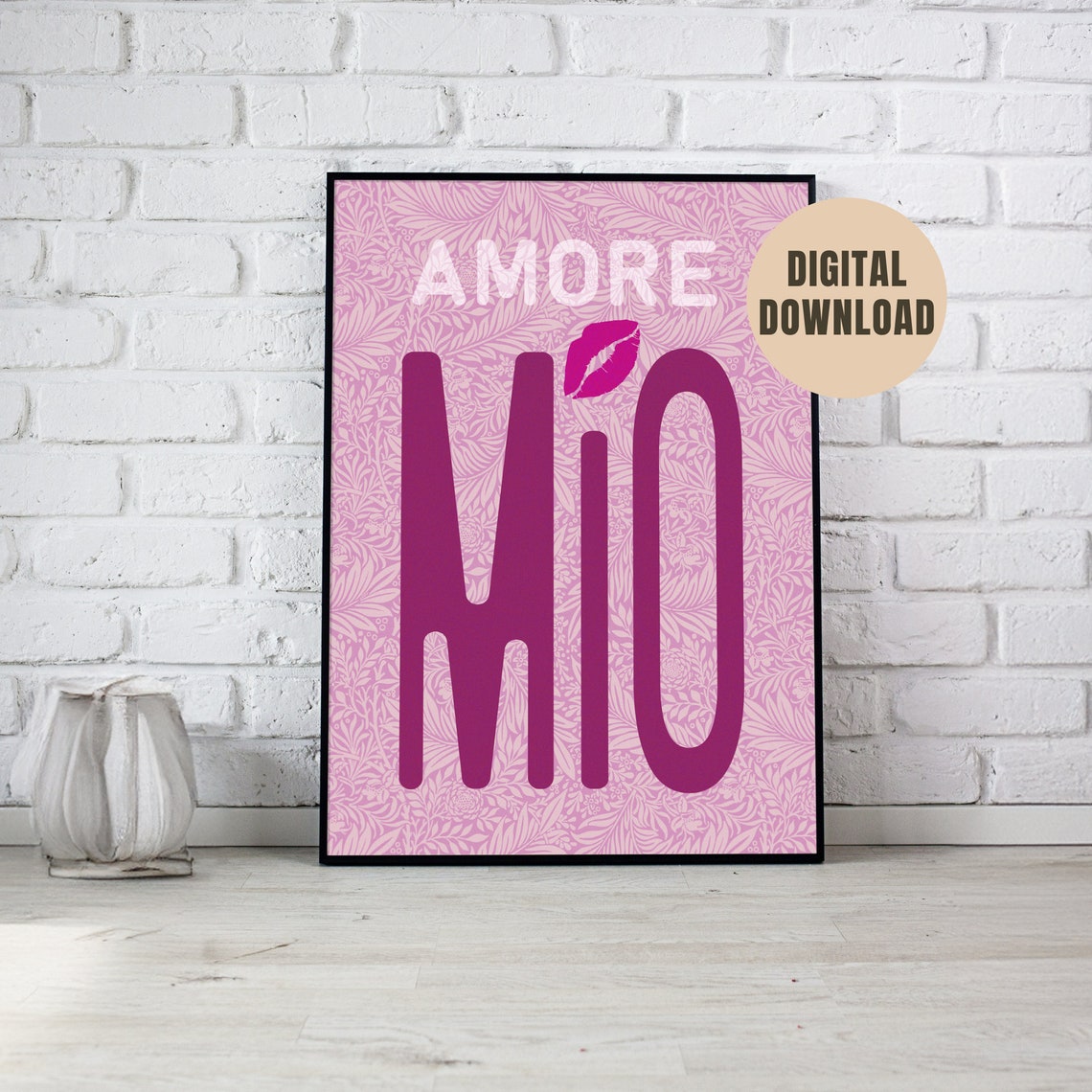 Amore Mio Italian Love Typography on Pink Floral Pattern Poster - Image 2