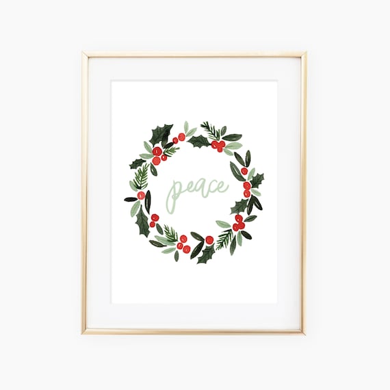 Peace Hand Lettered Christmas Wreath Art Print