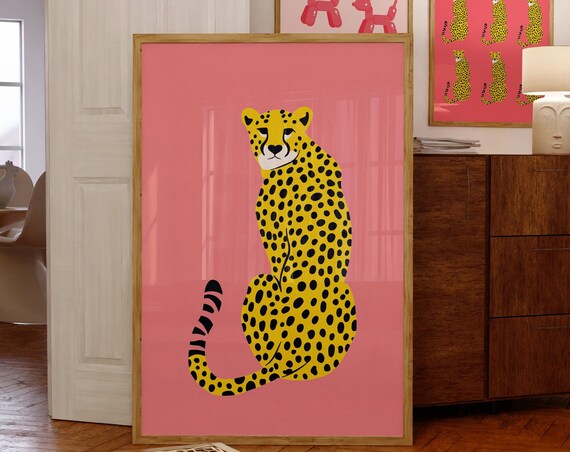 Sitting Yellow Cheetah Spotted Pink Background Preppy Animal Poster