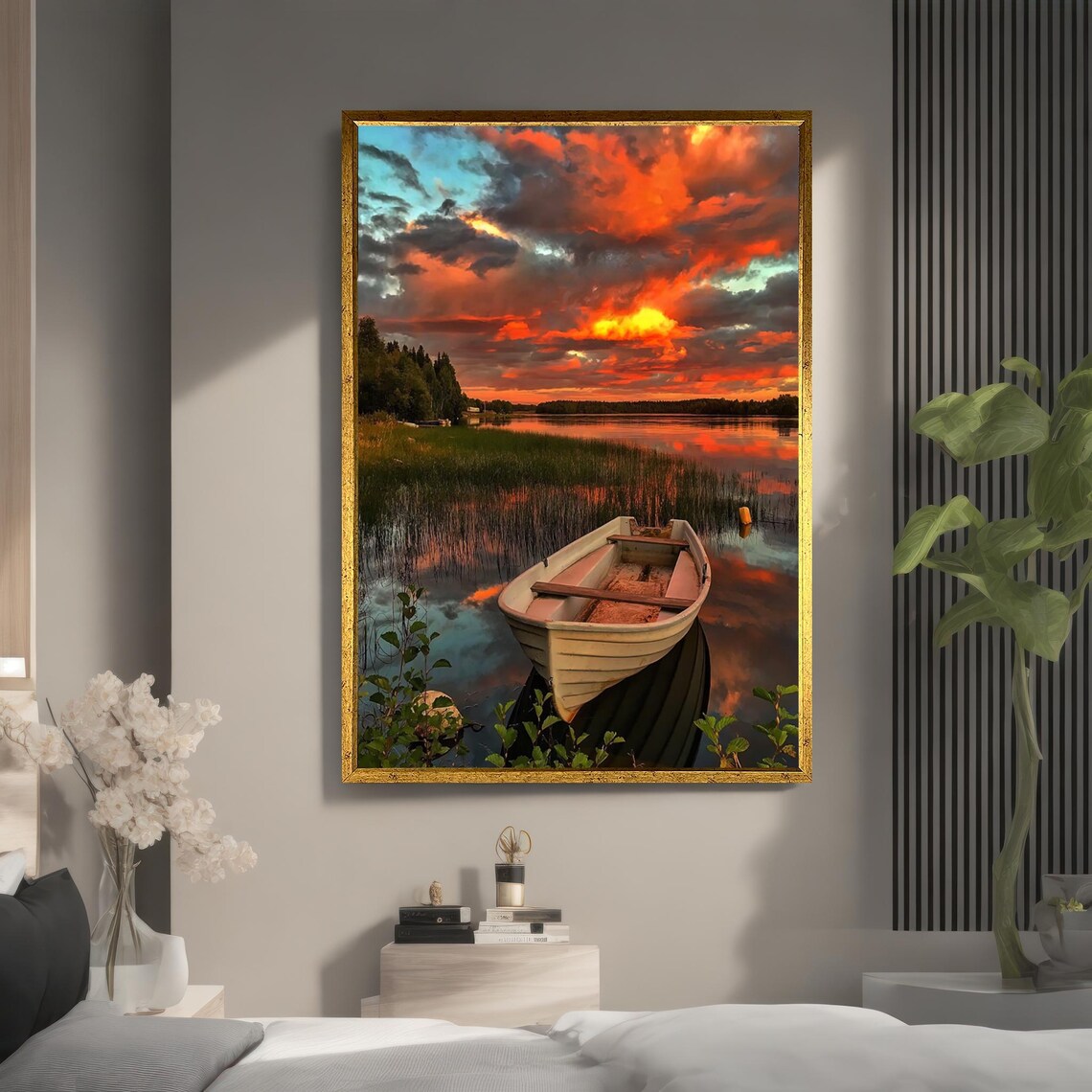 Lonely Rowboat Calm Lake Fiery Sunset Sky Peaceful Nature Poster - Image 3