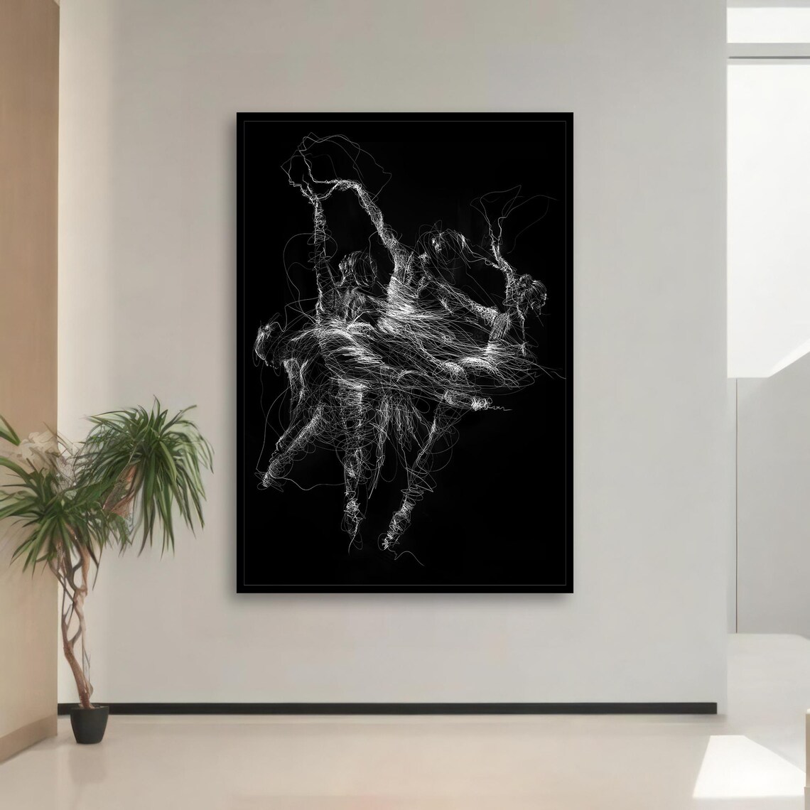 Black and White Calligraphic Ballerina Dancers Line Art Modern Dance Poster - Image 3