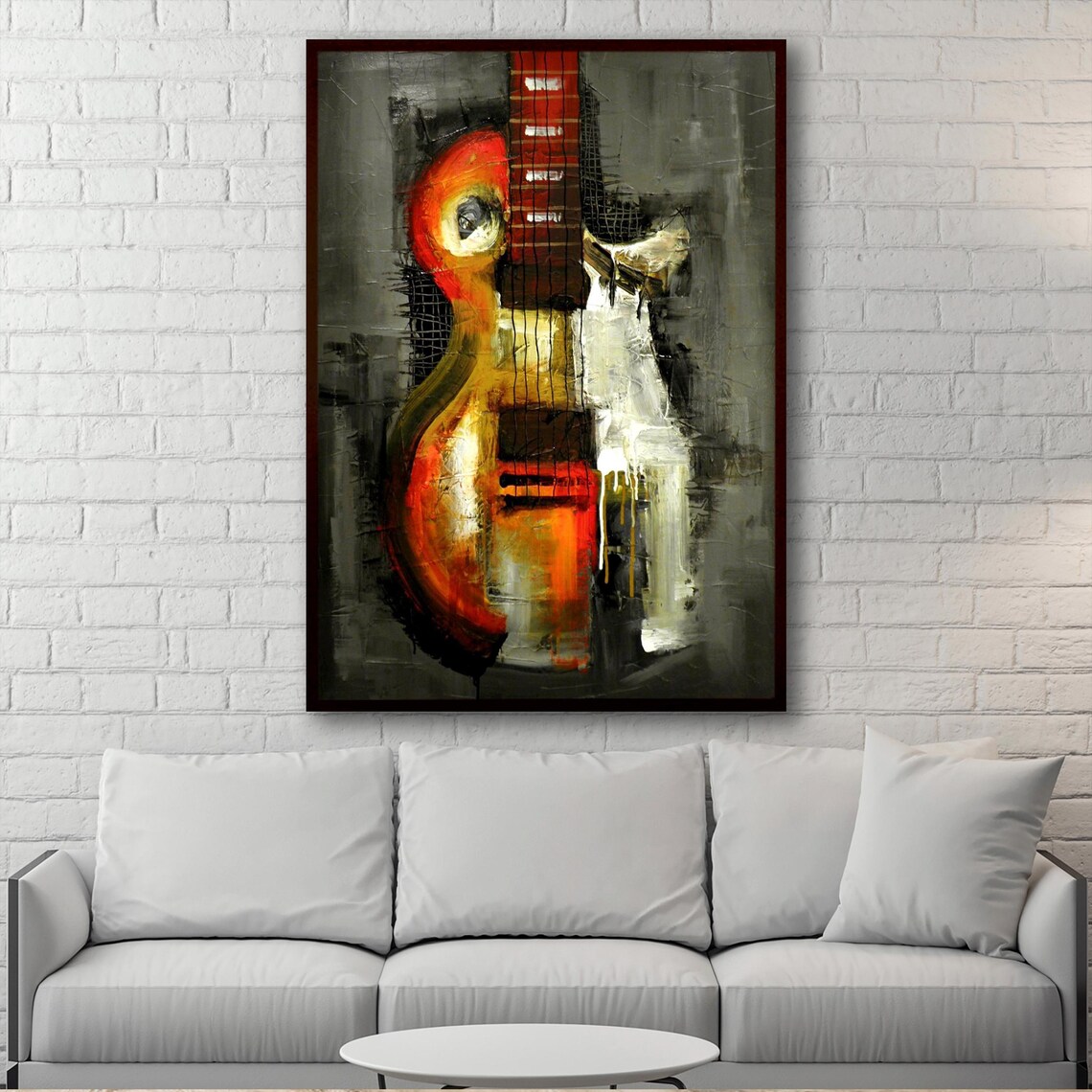 Abstract Red Electric Guitar on Dark Gray Modern Music Painting Art Poster - Image 2