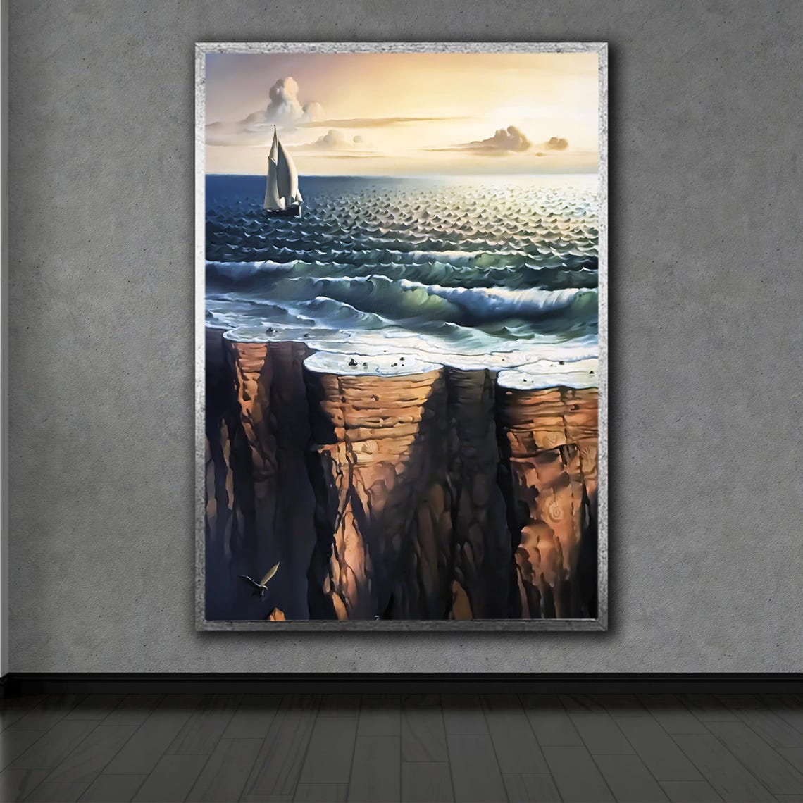 Surreal Ocean Pouring Over Cliff Edge Sailboat Dream Art Wall Art - Image 2