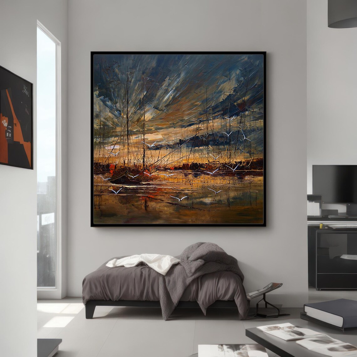 Sailboats Harbor Dusk Impressionist Blue Gold Seagulls Art Poster - Image 2