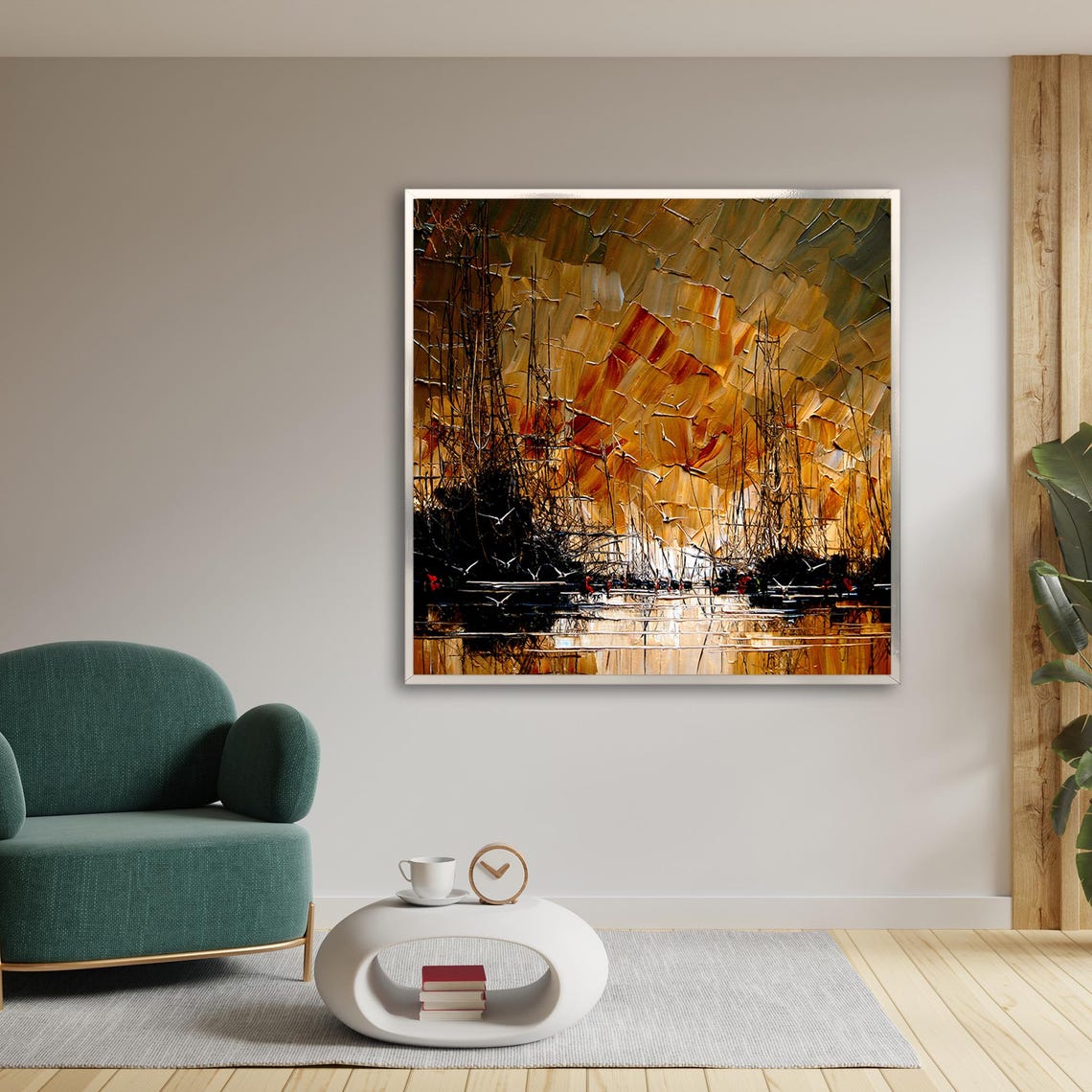 Tall Ships Harbor Sunset Impressionist Gold Seagulls Painting Poster - Image 2
