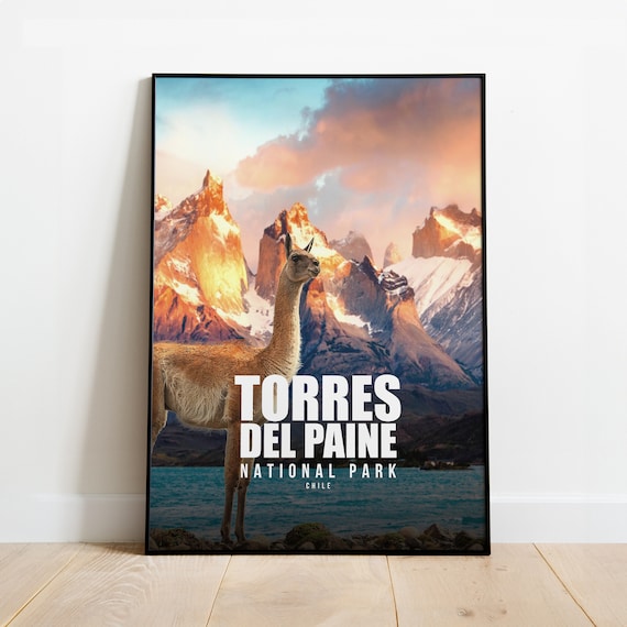 Torres Del Paine Chile National Park Sunset Guanaco Travel Poster