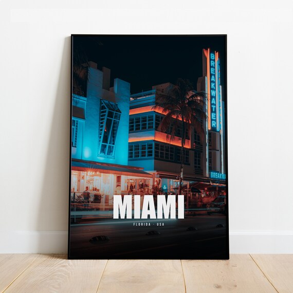 Miami Florida Ocean Drive Neon Night South Beach Art Deco Travel Poster